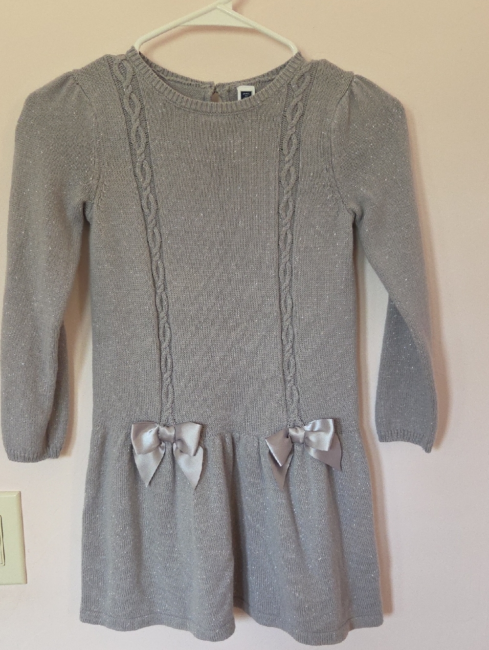 Janie and Jack Silver-Gray Sparkle Knit Dress with Satin Bows - Picture 1 of 2